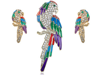 Colorful Parrot Bird Brooch Pin Stud Earrings Set