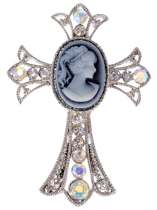 Colored Cameo Woman Cross Brooch Pin