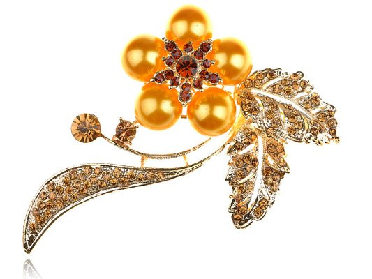 Smoked Topaz Orange Pearl Flower Bouquet Pin Brooch