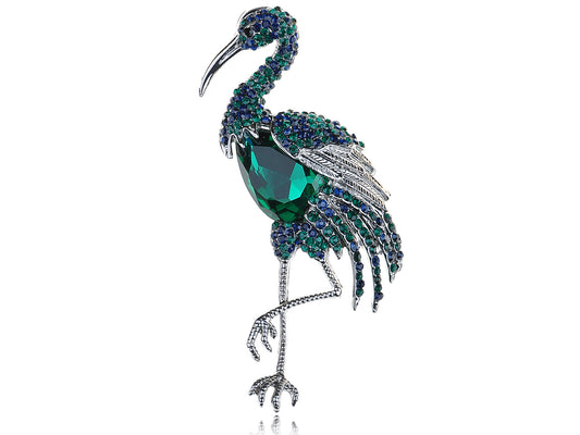 Vintage Emerald Green Sapphire Blue Heron Crane Flamingo Bird Animal Wedding Brooch Pin