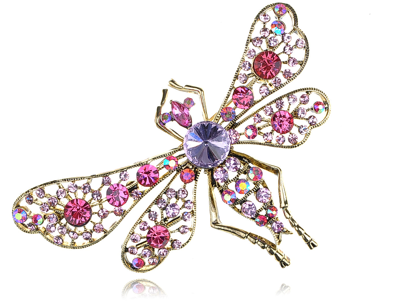 Gilded Filigree Light Pink Purple Dragonfly Insect Brooch Pin