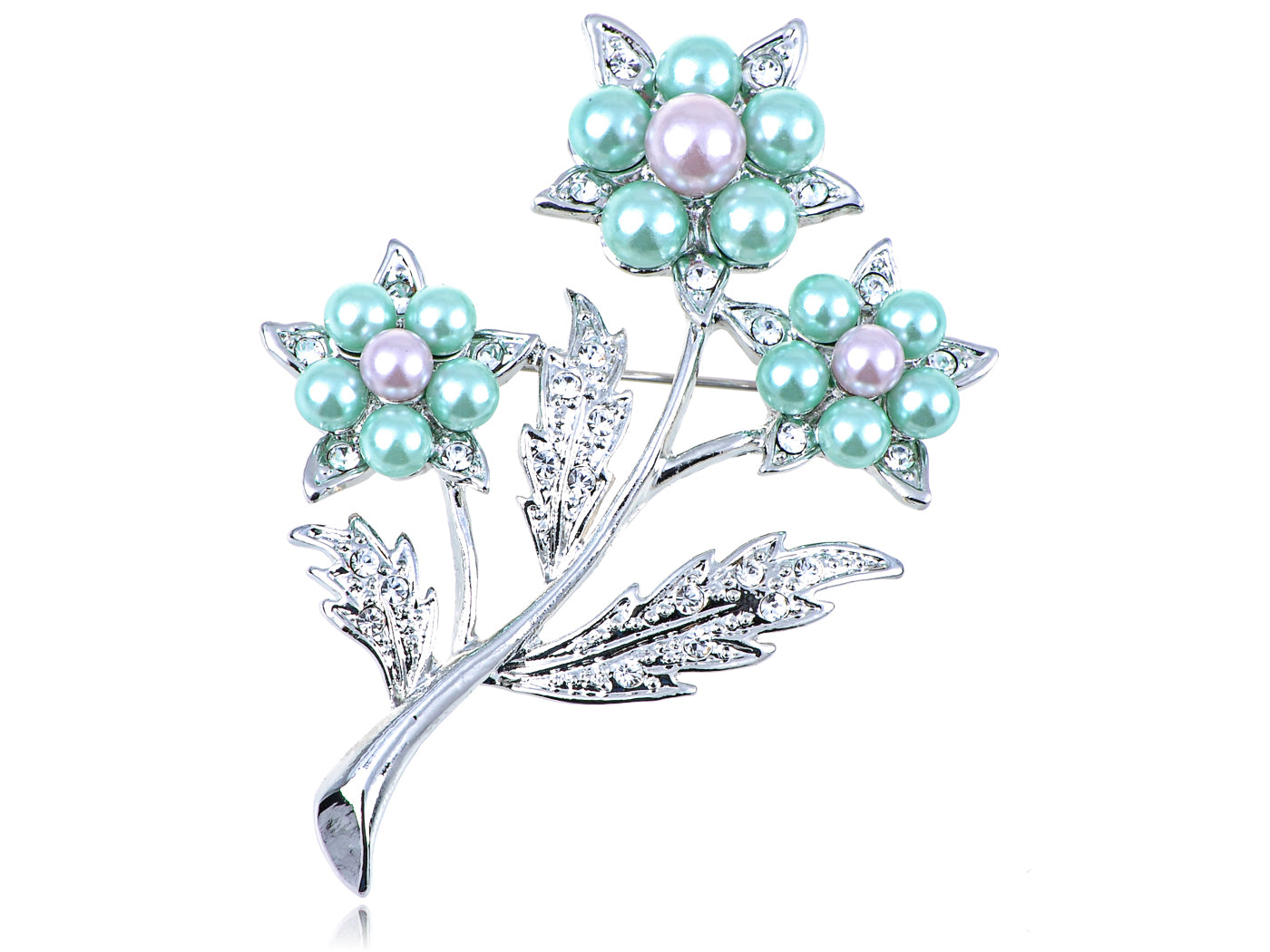 Elements Green Lavender Pearl 3 Stem Flower Pin Brooch