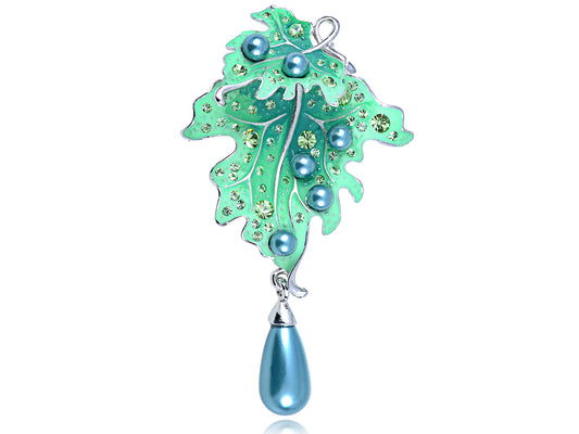 Green Pearl Drop Enamel Leaf Brooch Pin