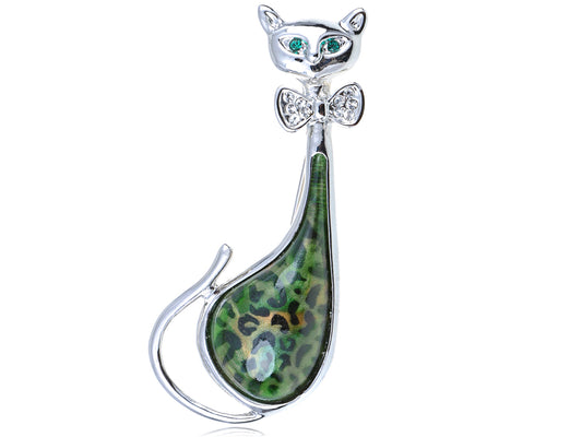 Elements Green Leopard Bodied Bow Tie Kitty Cat Pin Brooch