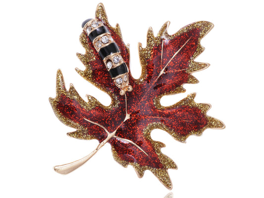 Red Glitter Autumn Maple Leaf Caterpillar Brooch Pin