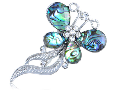 Round Abalone Shell Butterfly Wavy Feather Dangle Tail Pin Brooch