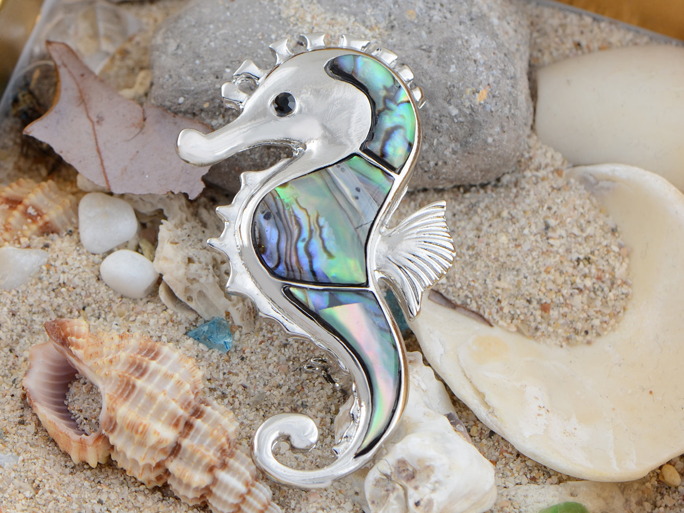 Silver Abalone Shell Hawaiian Under The Sea Seahorse Pin Brooch