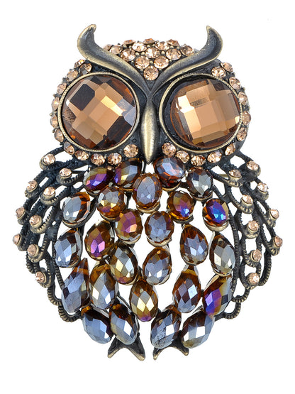 Brass Topaz Rainbow Big Eyes Owl Bird Brooch Pin