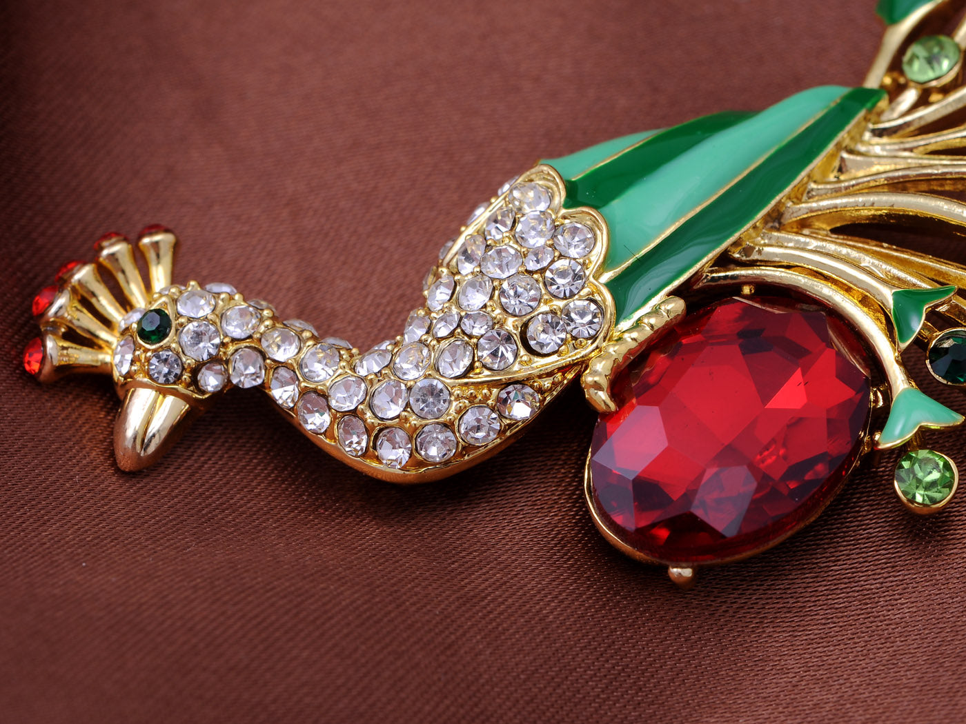 Green Red Gems Peacock Bird Brooch Pin