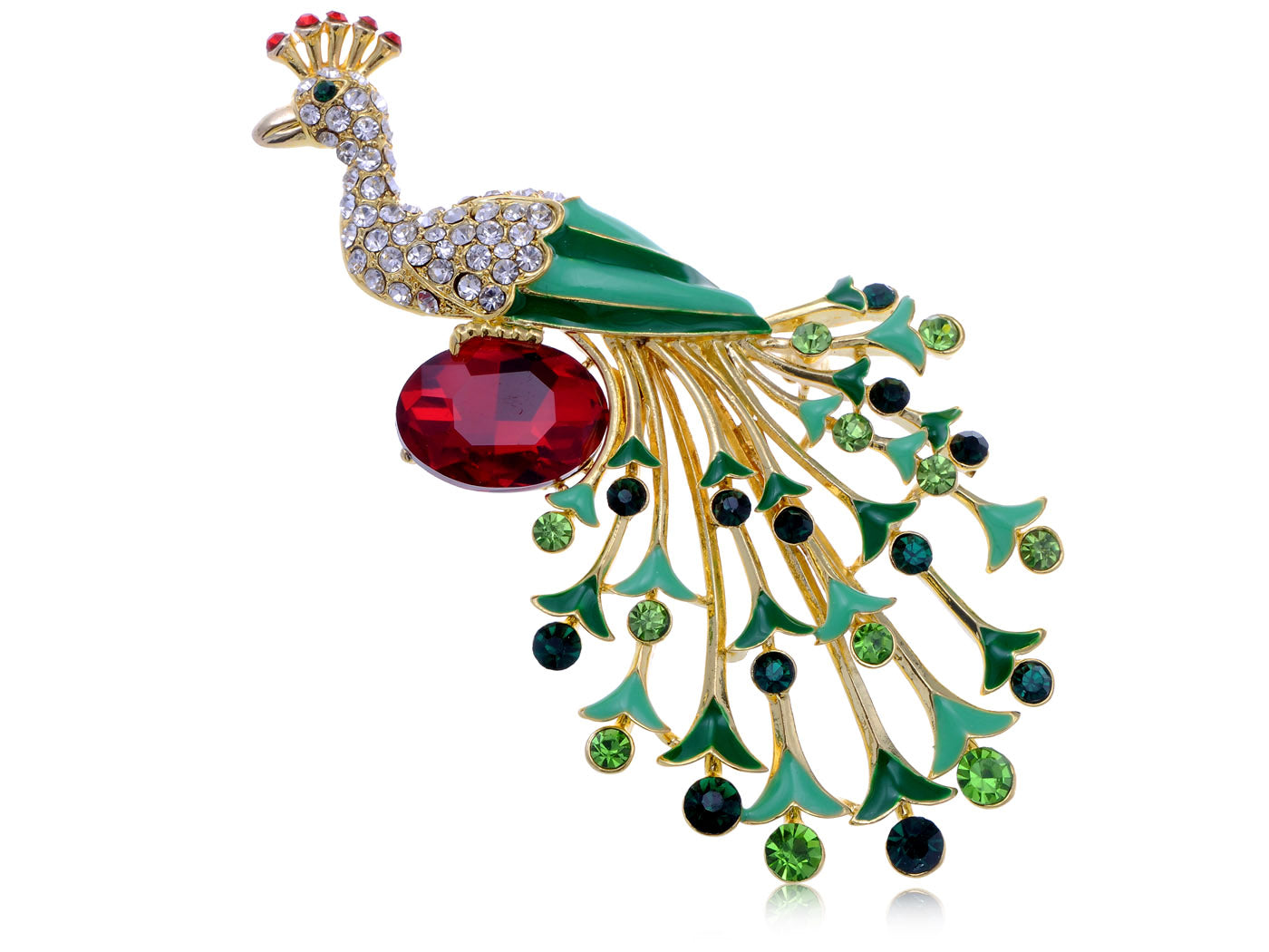 Green Red Gems Peacock Bird Brooch Pin