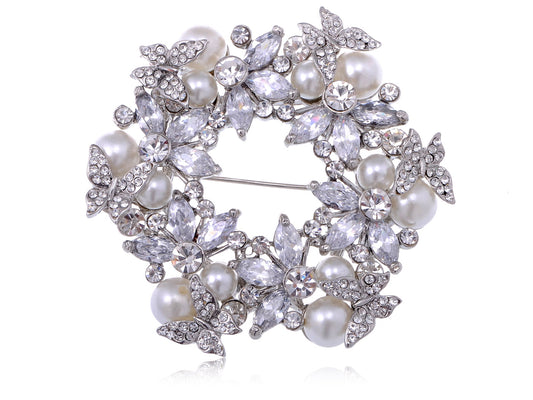 Pearls Festive Floral Butterfly Wreath Brooch Pin