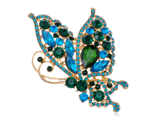 Blue Green Butterfly Flying Brooch Pin