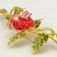 Gold Red Green Romantic Rose Flower Leaves Brooch Pin