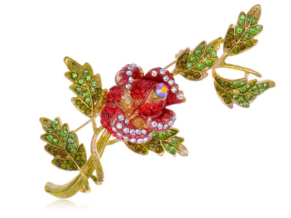 Gold Red Green Romantic Rose Flower Leaves Brooch Pin