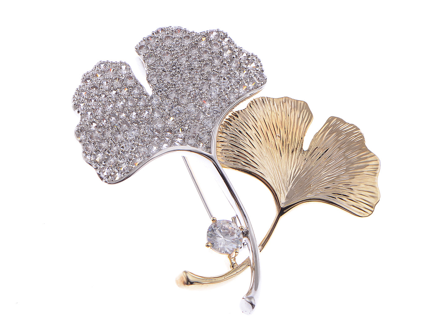 Gold Silver Zirconia Cubic Copper Plated Ginkgo Leaf Brooch Pin