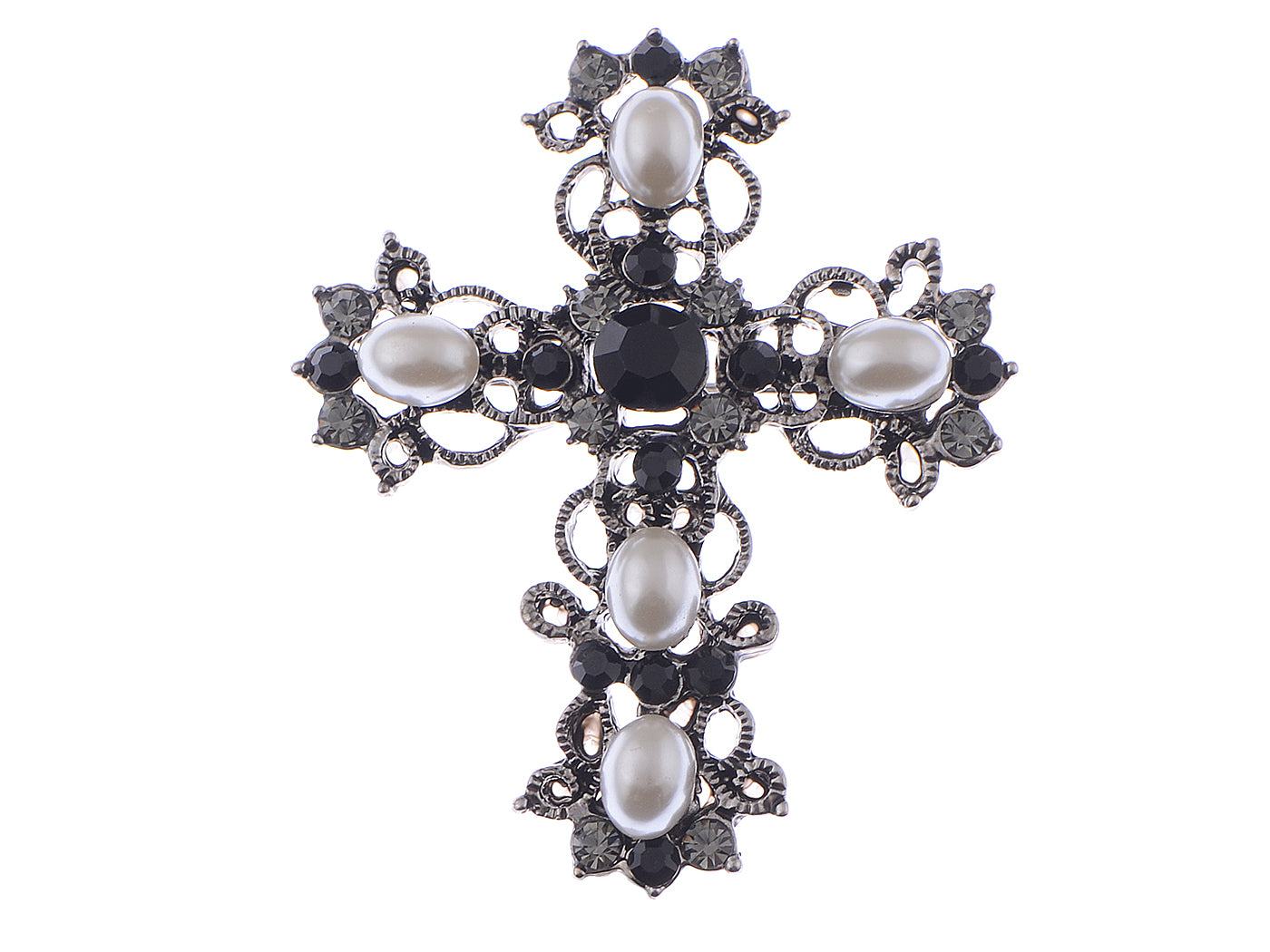 Antique Gun Pearls Black Pastel Holy Cross Brooch Pin Pendent