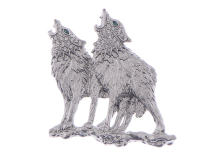Emerald Green Eyes Howling Couple Wolves Animals Lapel Brooch Pin