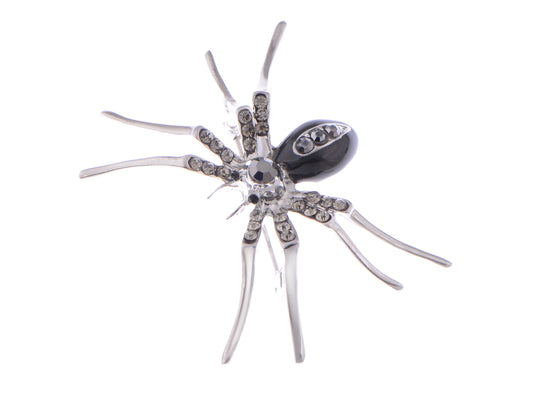 Alilang Silvery Tone Clear Crystal Colored Rhinestones Black Creepy Spider Bug Brooch Pin, Black & Silver