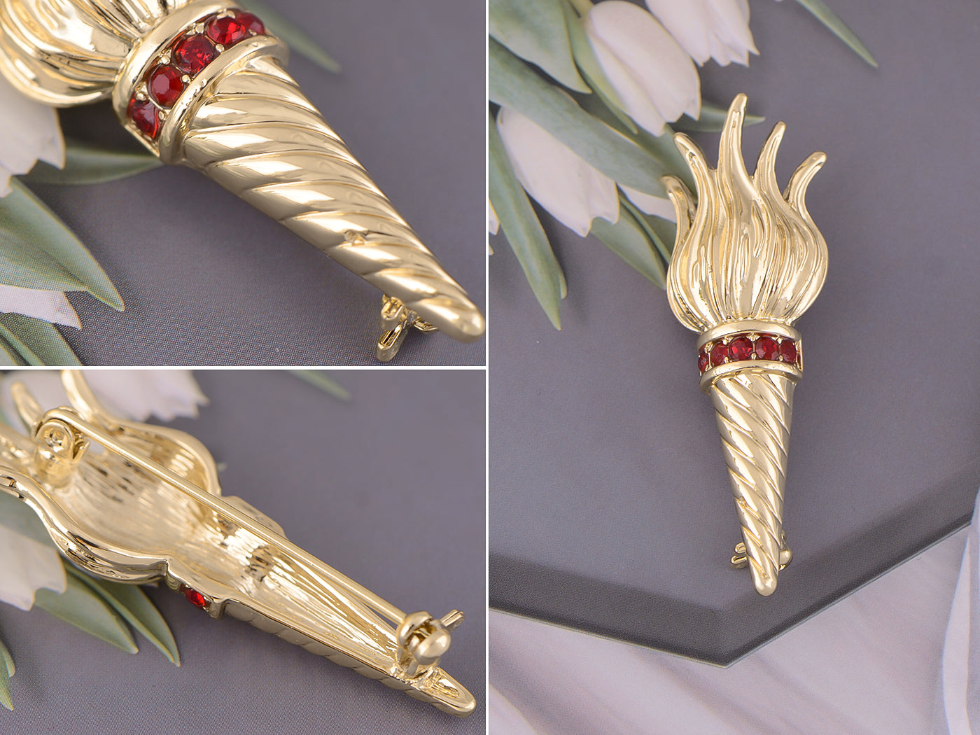 Alilang Golden Torch with Red Stone Detailing Lapel Pin Jewelry Brooch Wedding Decoration Shirt Pin Buttons Sweater Brooches