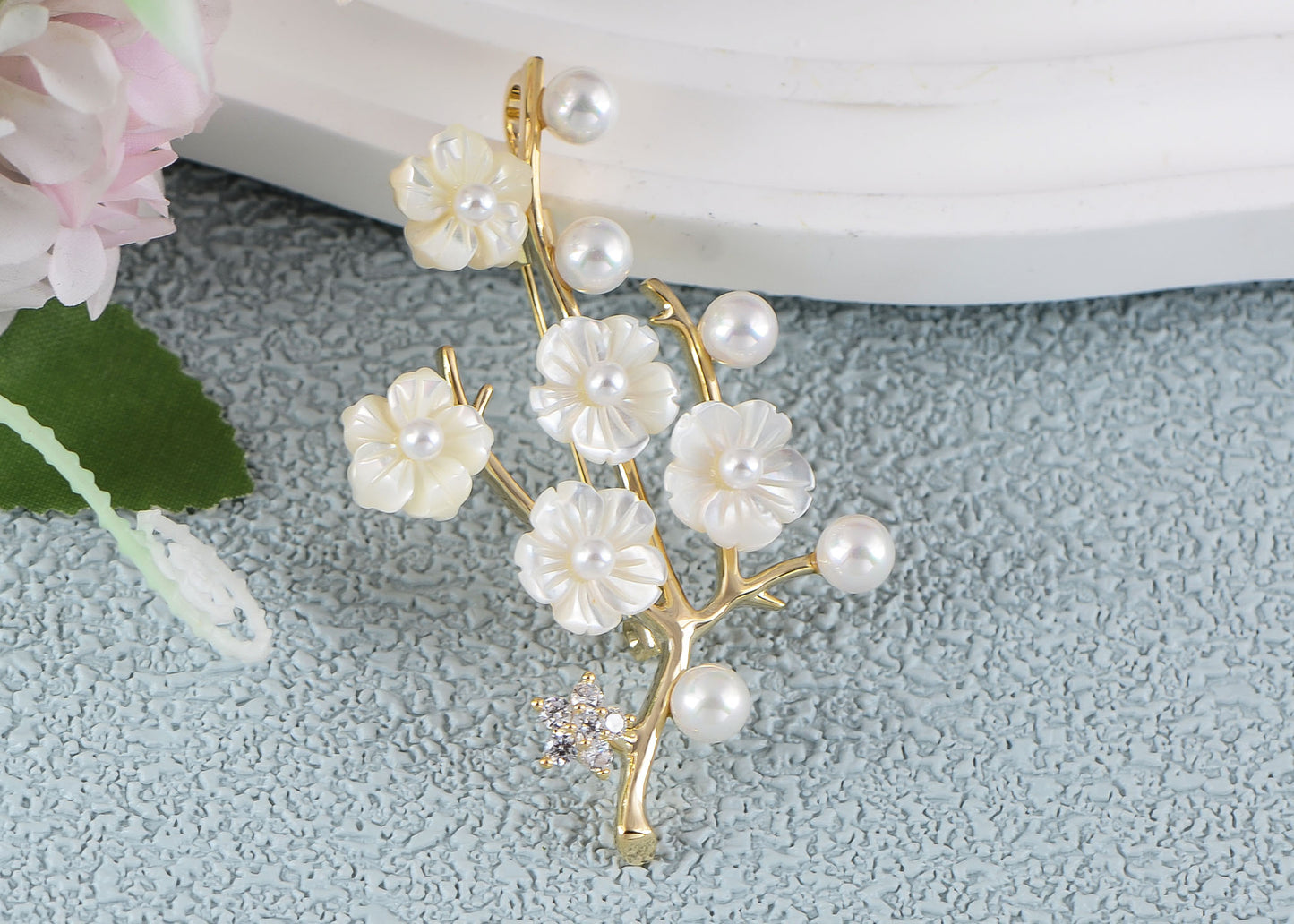 Alilang Elegant Cherry Blossom Flower Plant Brooch Lapel Pin Shell Pearl Leaf Brooches Pins For Birthday, Party, New Year