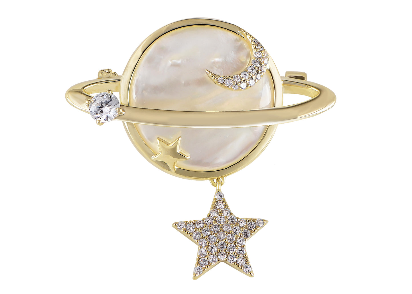 Alilang Golden Tone Earth Mirror Star And Crescent Moon Brooch Pin Natural Shell Zircon Brooch For Women Girls Jackets Jewelry Gifts