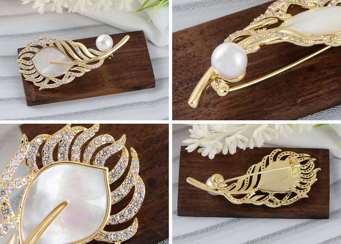Alilang Shell Pearl Feather Brooch Pin For Women Men Fashion Crystal Rhinestone Delicate Leaf Brooch Lapel Pins Elegant Dress Accessories Jewelry Corsage For Hat Bag Suit Tie Gift Mother'S Day Wedding Birthday