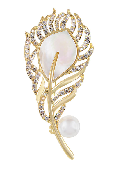 Alilang Shell Pearl Feather Brooch Pin For Women Men Fashion Crystal Rhinestone Delicate Leaf Brooch Lapel Pins Elegant Dress Accessories Jewelry Corsage For Hat Bag Suit Tie Gift Mother'S Day Wedding Birthday