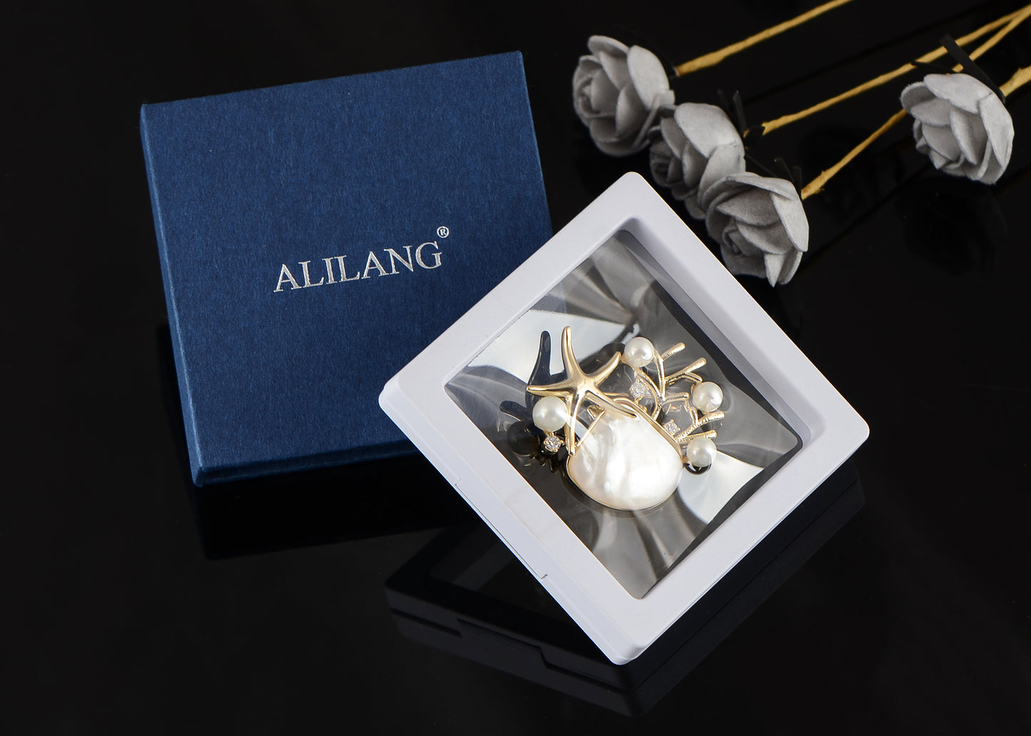 Alilang Elegant Zircon Gold Starfish Shell Pearl Brooch Pins For Ladies Inlay Sea Animal Jewelry Brooches