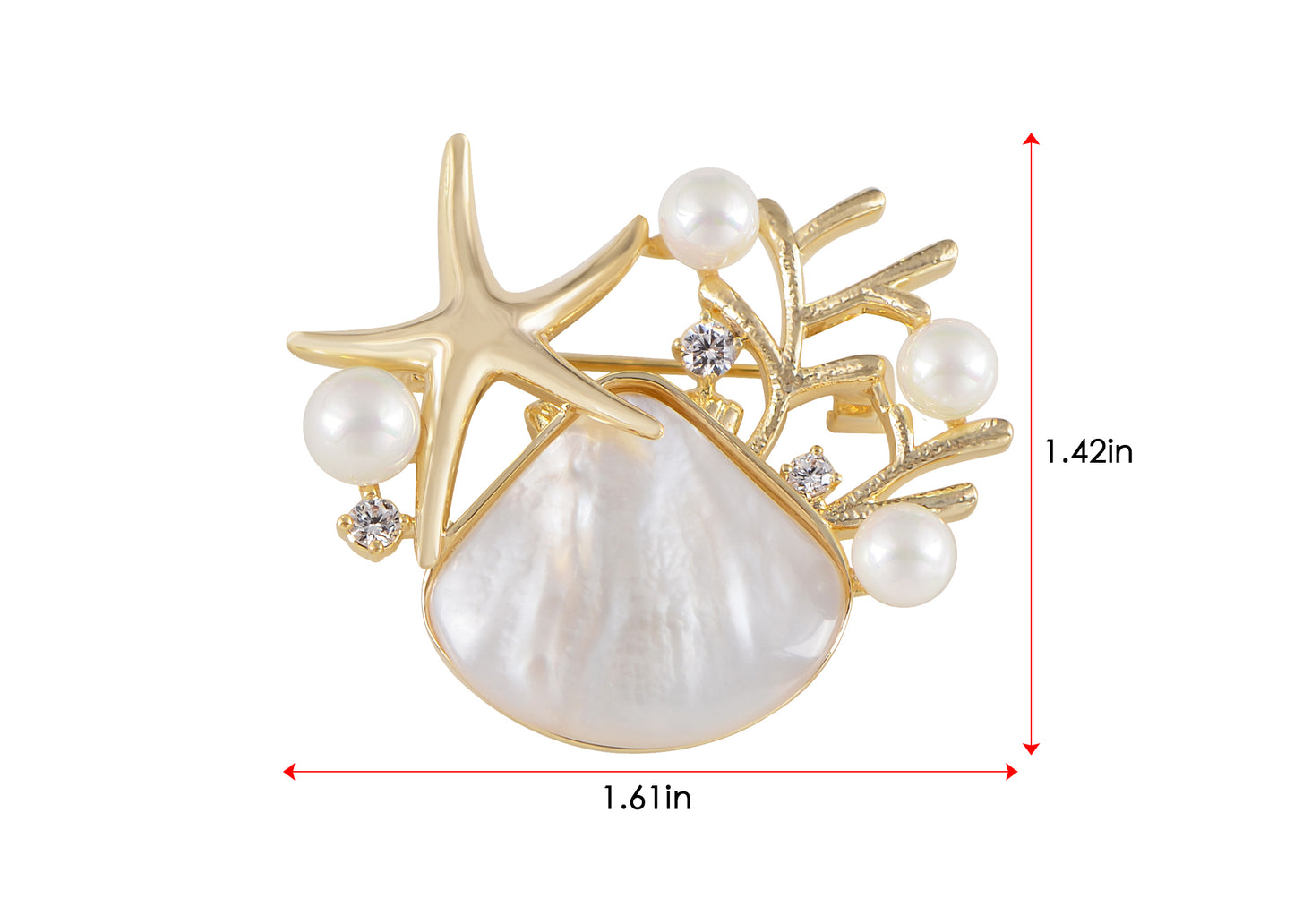 Alilang Elegant Zircon Gold Starfish Shell Pearl Brooch Pins For Ladies Inlay Sea Animal Jewelry Brooches