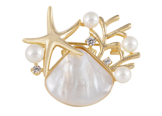 Alilang Elegant Zircon Gold Starfish Shell Pearl Brooch Pins For Ladies Inlay Sea Animal Jewelry Brooches