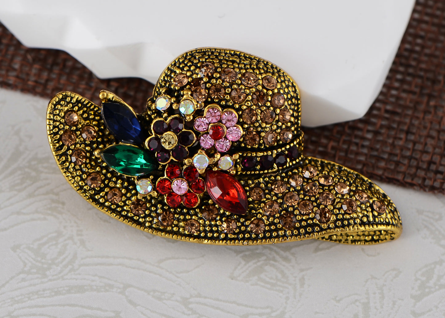 Alilang Golden Tone Multi Rhinestones Colorful Floral Floppy Sun Hat Brooch Pin