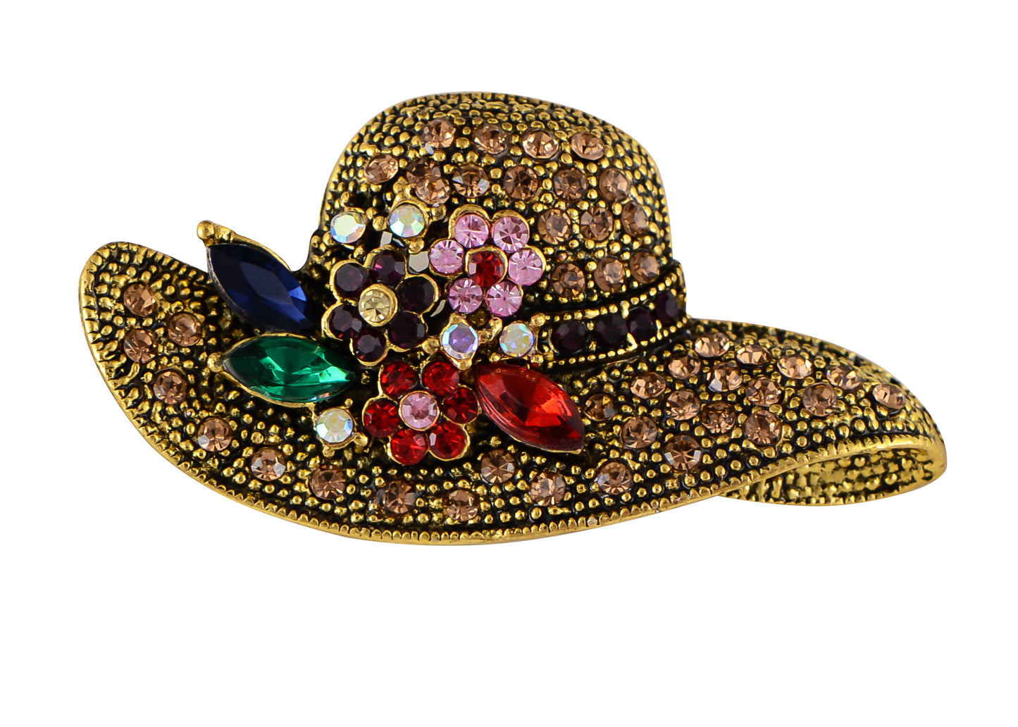 Alilang Golden Tone Multi Rhinestones Colorful Floral Floppy Sun Hat Brooch Pin