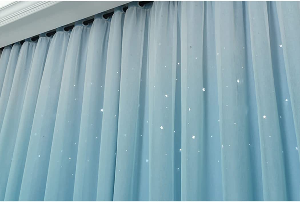 Dodolly Blackout Curtains, Double Layers Hollow Out Stars Window Curtains Gradient Curtains, 2 in 1 Fabric and Gauze Window Curtains Panel, Set of 2, W42xL63 Inch (BLUE, 42Wx63L)