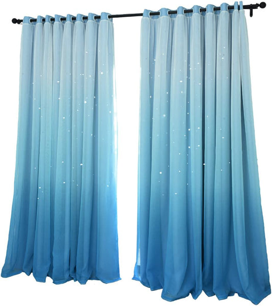 Dodolly Blackout Curtains, Double Layers Hollow Out Stars Window Curtains Gradient Curtains, 2 in 1 Fabric and Gauze Window Curtains Panel, Set of 2, W42xL63 Inch (BLUE, 42Wx63L)