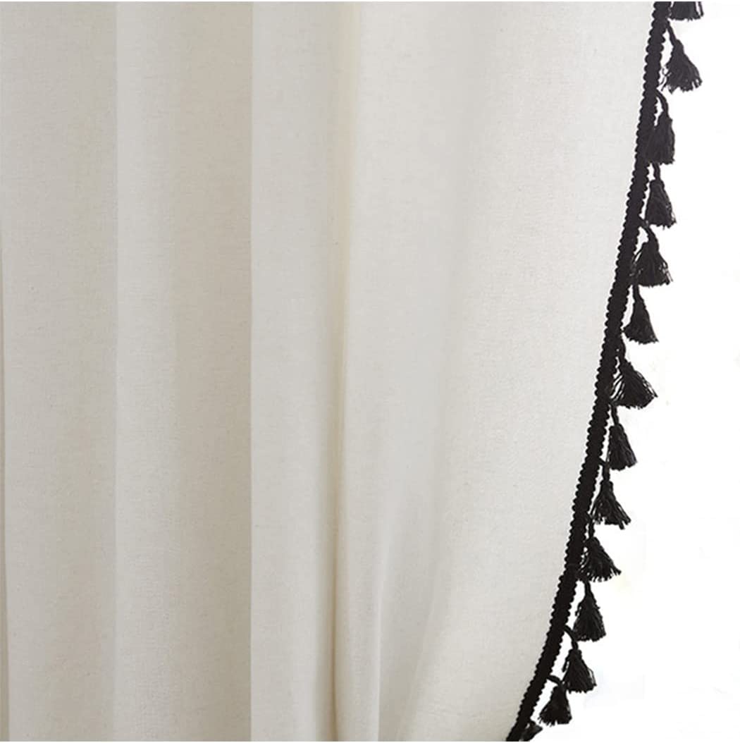 Boho Cotton Linen Tassel Window Curtains, Set of 2 Farmhouse Cream Curtain Panels, Grommet Window Semi Blackout Country Style Window Treatment for Living Dining Room,59.06 in W x 94.49 in L