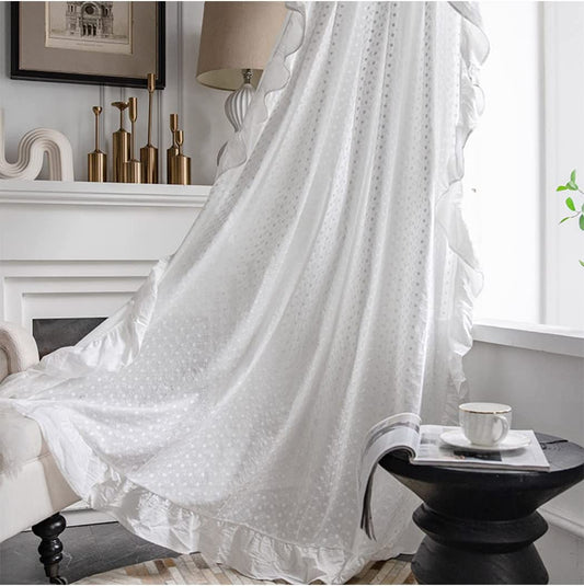 Dodolly Bohemian Cotton Linen Window Curtain Panel with Embroidery and Ruffle Lace Design Cotton Linen Room Curtain Panel for Bedroom Living Room, Hooks Design, 2 Panels.