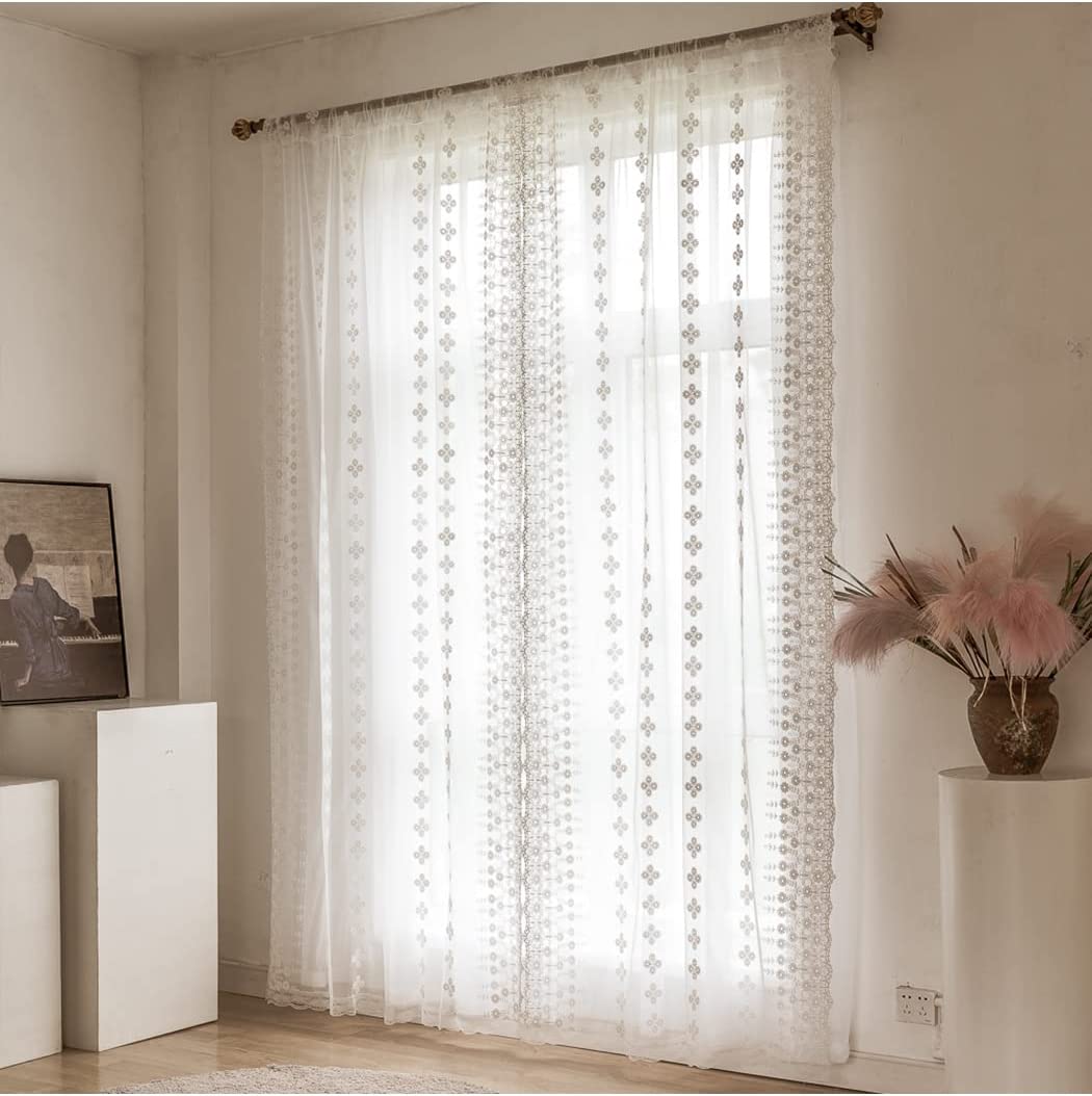 Dodolly 2 Sheer Panels White Flower Curtains Grommets Top, White Lace Curtains for Living Room Bedroom Sliding Glass Patio Each Panel, 59.97 x 94.49 inch Long
