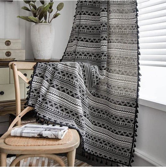 Boho Curtain with Black White Wave Pattern Linen and Cotton Curtain with Black Tassels Bohemian Geometric Window Curtain