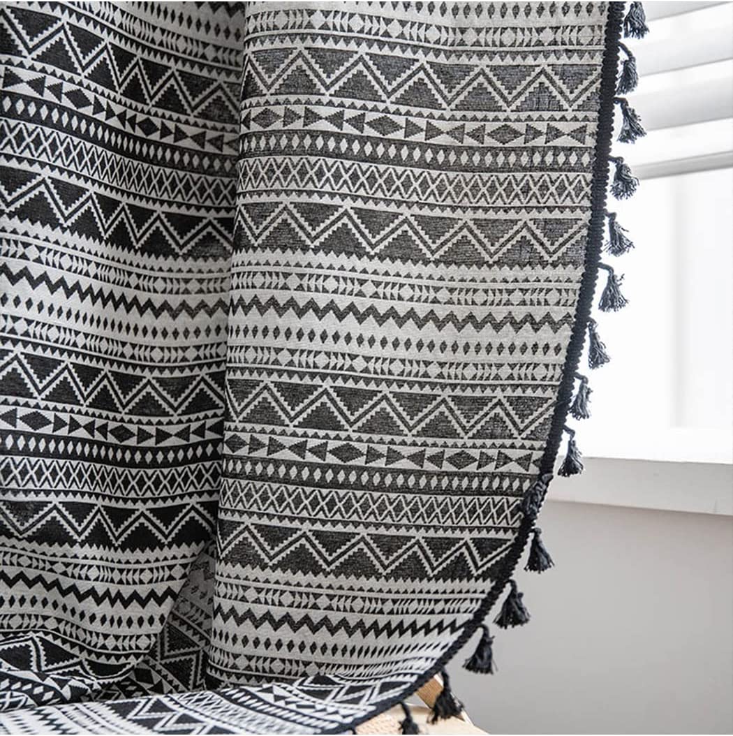 Boho Curtain with Black White Wave Pattern Linen and Cotton Curtain with Black Tassels Bohemian Geometric Window Curtain