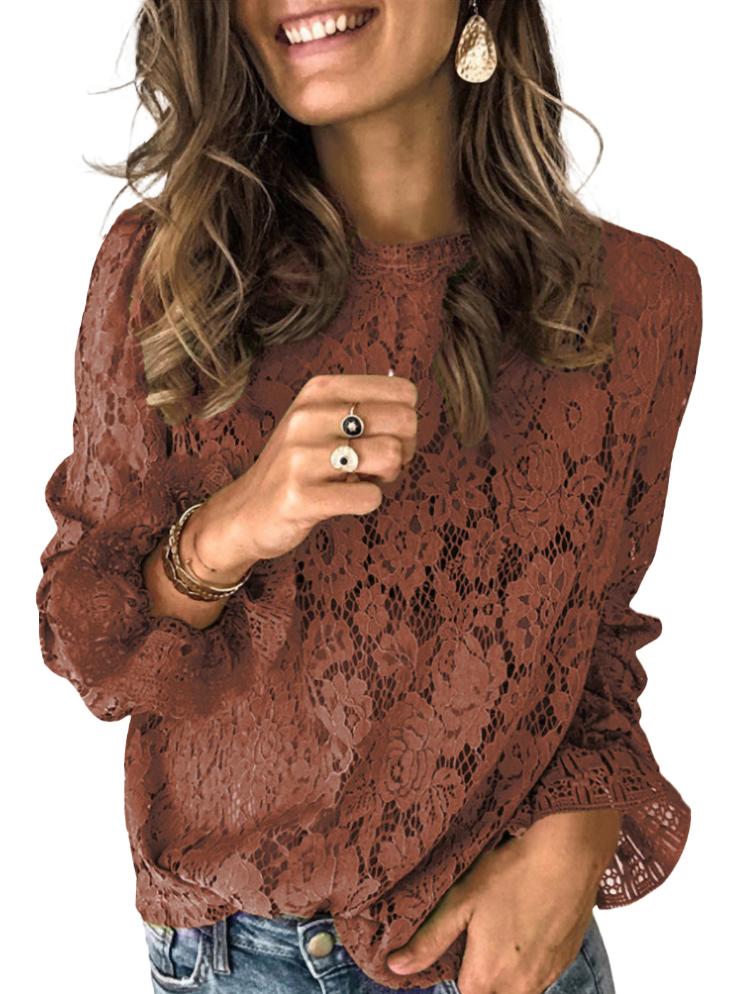 Long Bell Sleeve Sheer floral Lace Blouse Tops