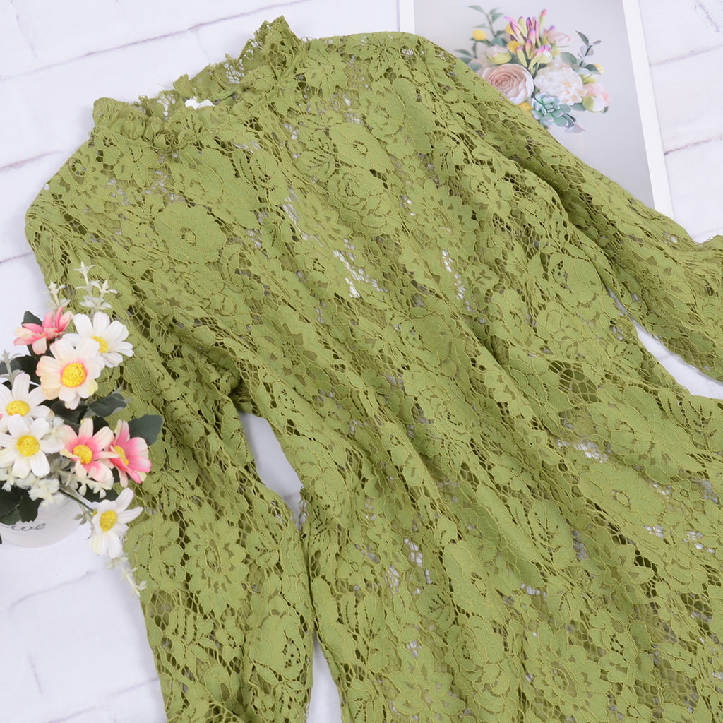 Long Bell Sleeve Sheer floral Lace Blouse Tops