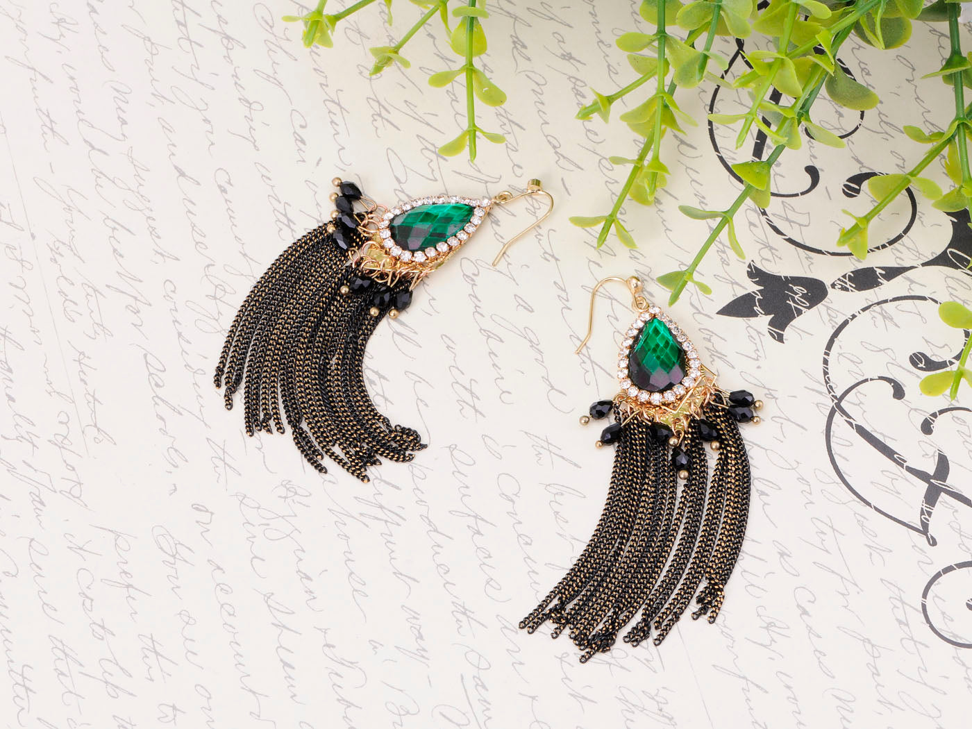 Emerald Peacock Feather Form Dangling Earring