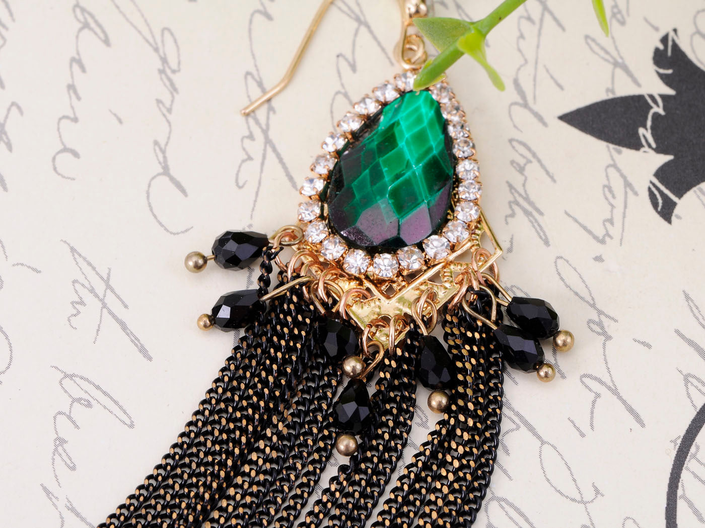 Emerald Peacock Feather Form Dangling Earring