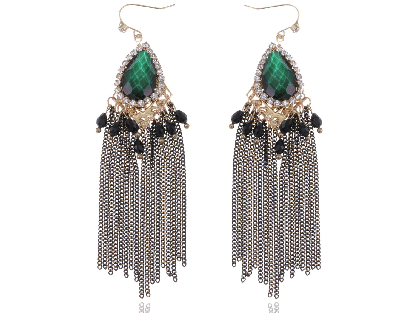 Emerald Peacock Feather Form Dangling Earring