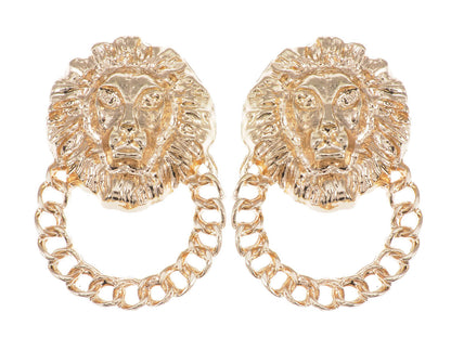 Venetian Etched Lion King Heads Chain Hoop Stud Dangle Earrings