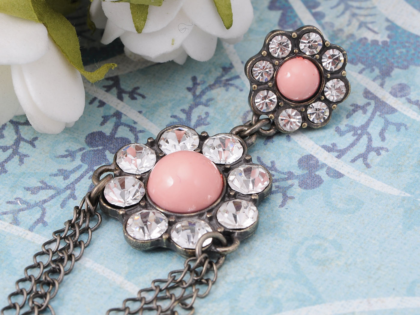 Pink Opal Daisy Dangle Chain Earrings