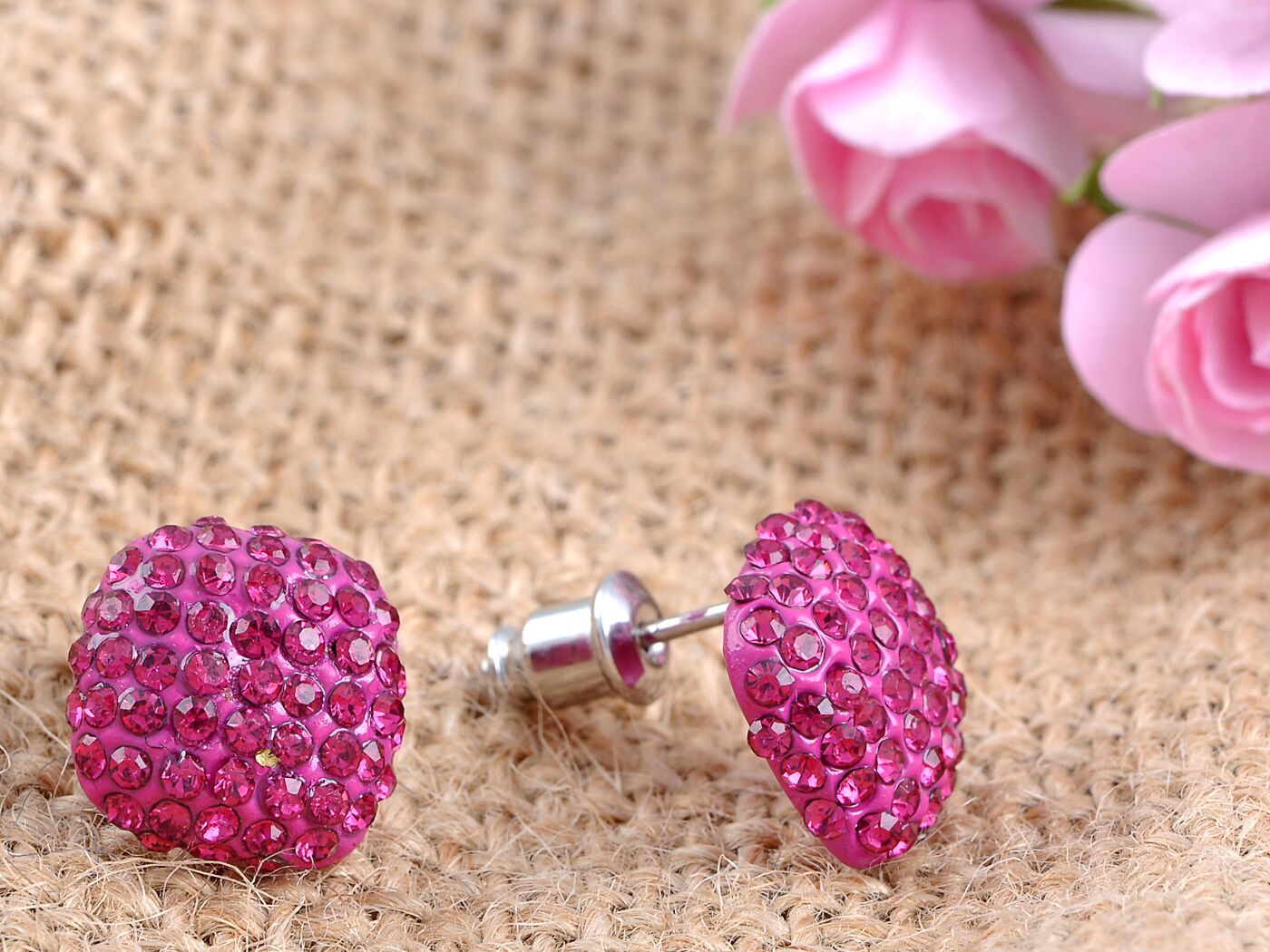 Fuchsia Hot Pink Round Cube Czech Stud Ball Earrings