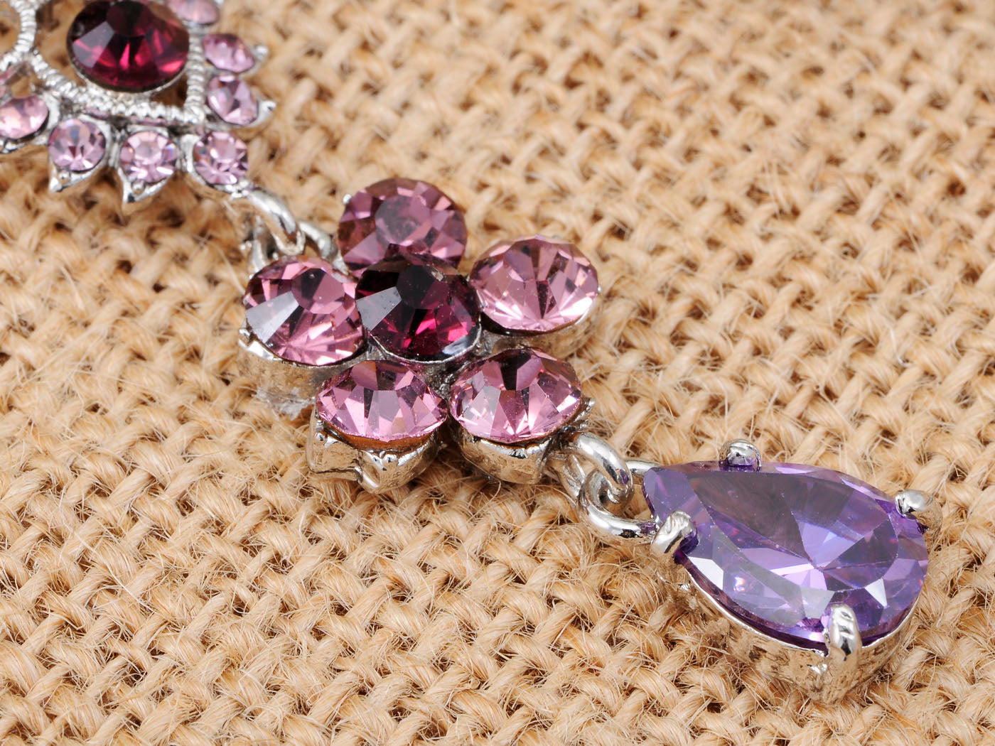 Alilang Silvery Tone Czech Crystal Synthetic Burgundy Rose Purple Flower Tear Drop Dangle Earrings