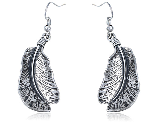 Antique Inspire Etched Leaf Like Feather Quill Drop Earrings