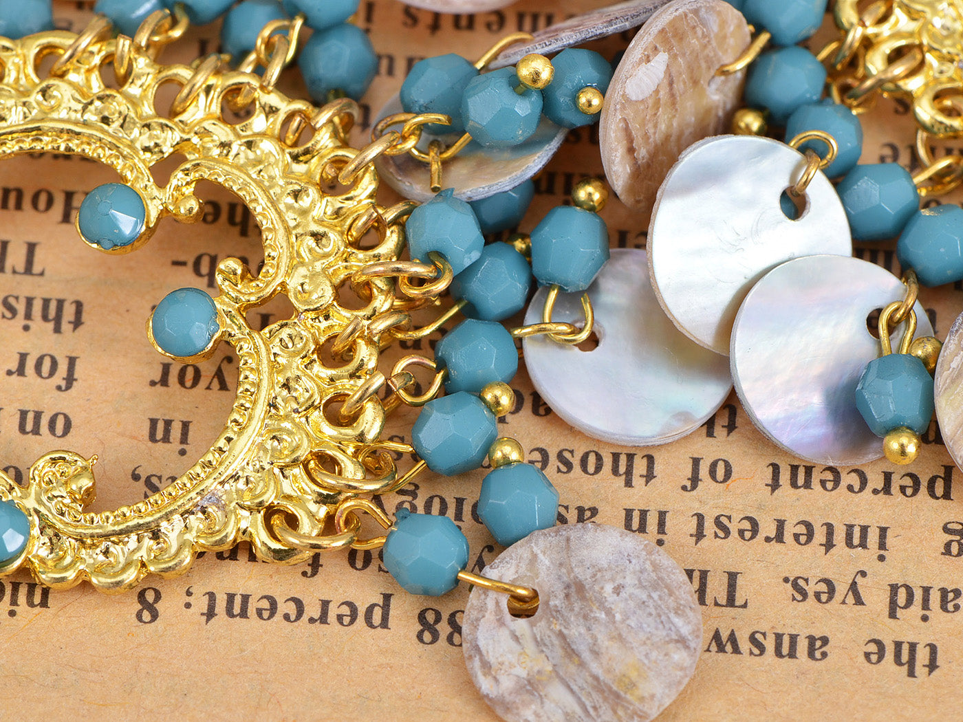 Boho Tribal Gold Turquoise Blue Seashell Chandelier Goddess Earrings
